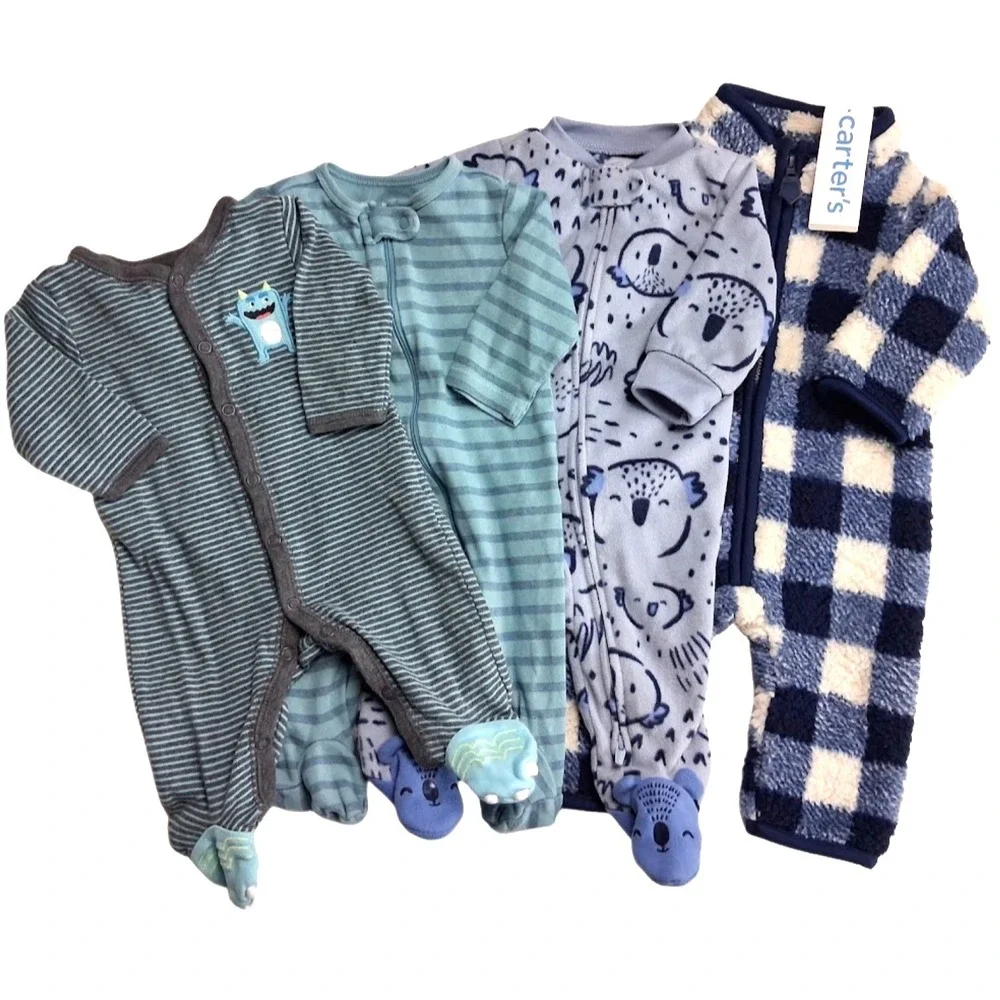Carter's Baby Boy 3 Mos Outfit Sleeper Lot 4pc‎ Bear Plaid Sherpa Jumpsuit